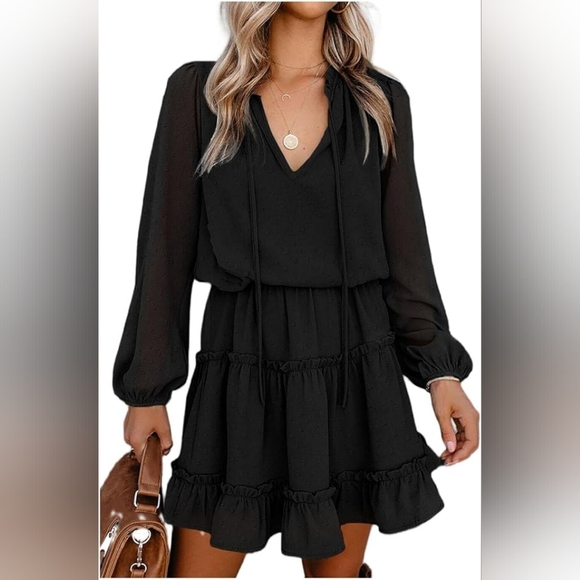 BTFBM Women's V Neck Tie Neck Long Sleeve High Waist Dress Black Size Medium - Picture 1 of 7